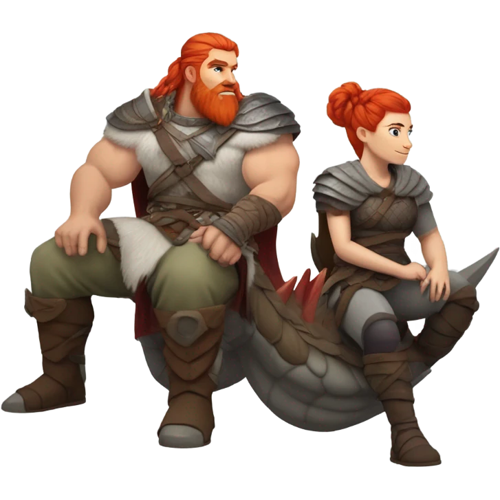  White Viking red head pale skin beautiful dragon  queen with a Viking solder with a gray man bun built white solder on a dragon  emoji