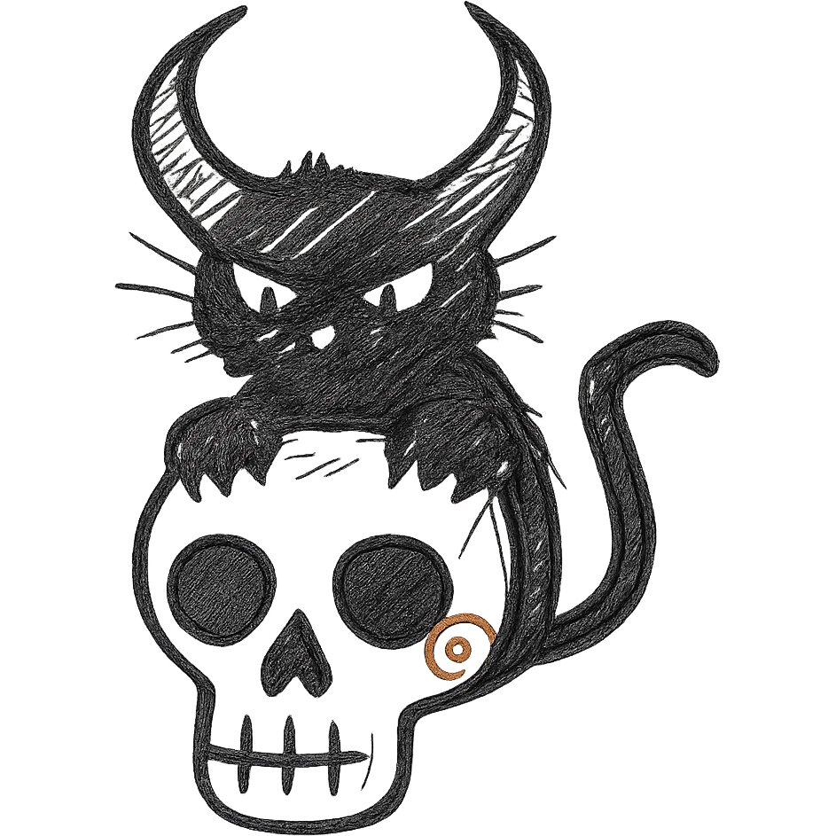Add a black cat with oversized demon horns, front paws gripping the skull, hand drawn style with expressive linework, no fill, preserve the red spiral on the cheek, transparent background. emoji