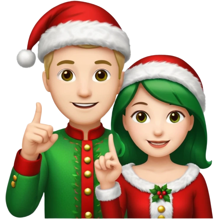 Adult couple wearing Xmas outfit pointing at you emoji