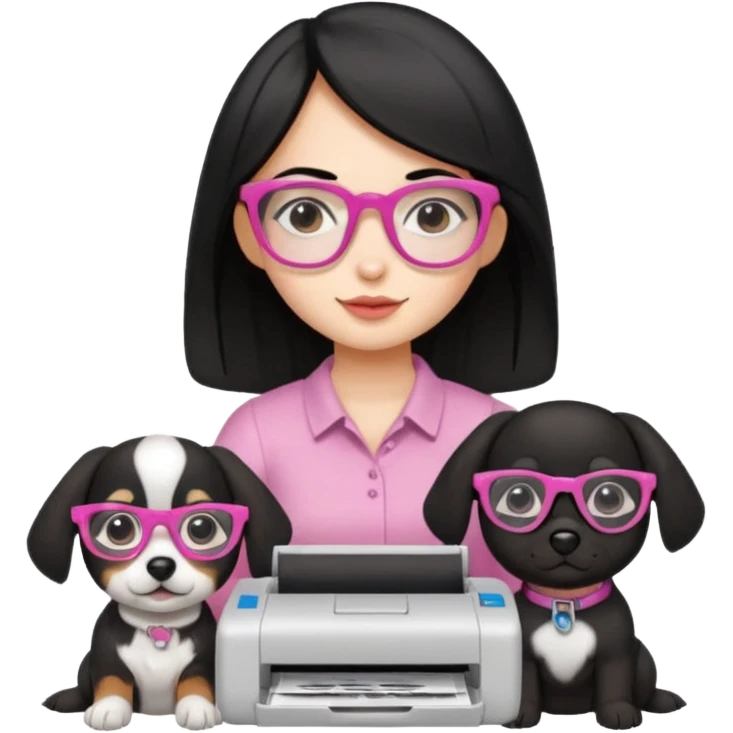 Una chica con pelo negro y lentes rosados con una impresora y dos perras una cajeta y la otra negra emoji