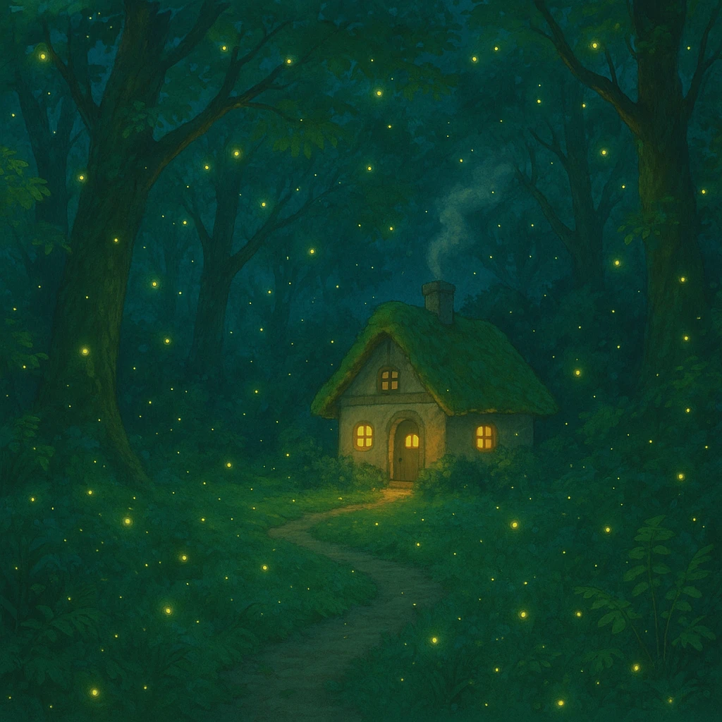 whimsical forest scene with glowing fireflies and a small cottage emoji