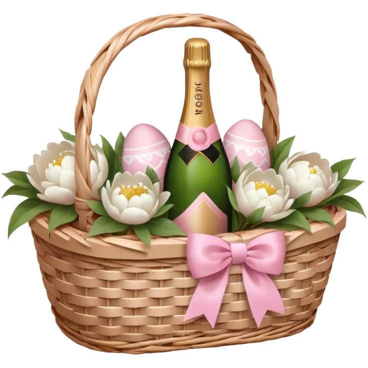 White Picnic basket with light pink bow, white peonies, pink easter eggs and one pink champage bottle inside emoji