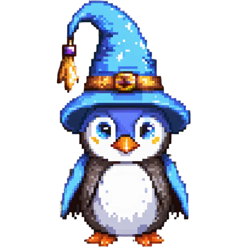 A penguin wizard with a long beard and pointed hat emoji