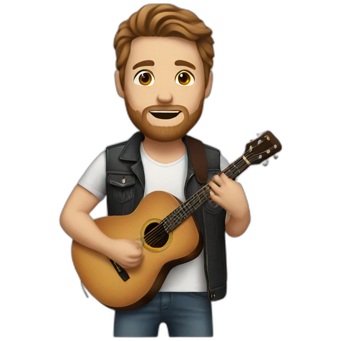 white man with brown hair with tattoos with a guitar emoji