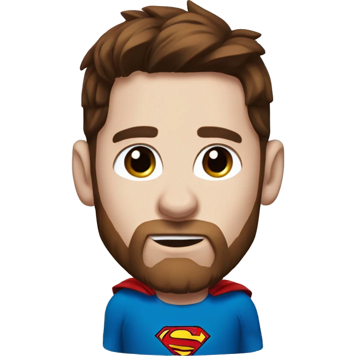 Messi with blue eyes, with a goat, redish brownish hair redish beard, blue eyes, dressed as superman emoji