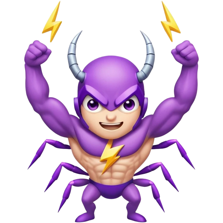 cute purple bug with confident narrowed eyes, strong flexing muscular arms, a fun happy smiling expression, and electric lightning bolt arms emoji