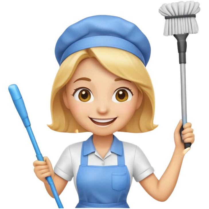 A cute and funny emoji of a happy female cleaner, wearing a cleaning uniform, holding a mop or spray bottle, smiling joyfully — cartoon style, bright colors, cheerful expression

 emoji