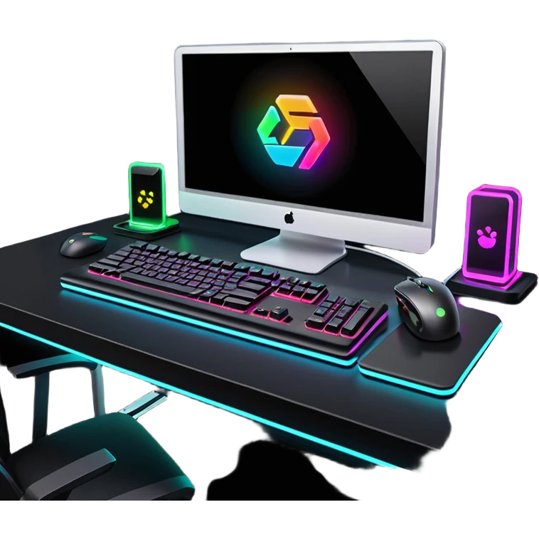 rgb gaming computer on black desk with a black keyboard and mouse emoji
