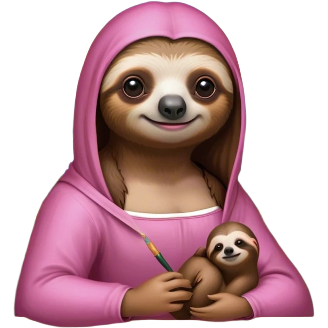 A pink sloth painting the Mona Lisa emoji