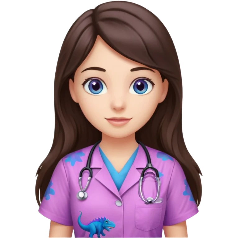 pretty brunette nurse with long hair and blue eyes in pink and purple dinosaur pattern scrubs emoji