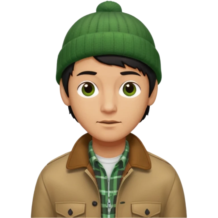 young man with longish black Beatle haircut, tan complexion, green beenie hat, tan jacket, checked shirt , pork chop sideburns emoji