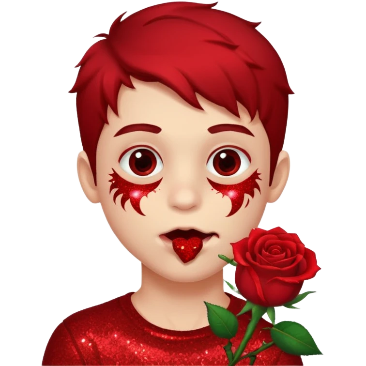 red glitter naughty-looking boy biting a rose in his mouth emoji