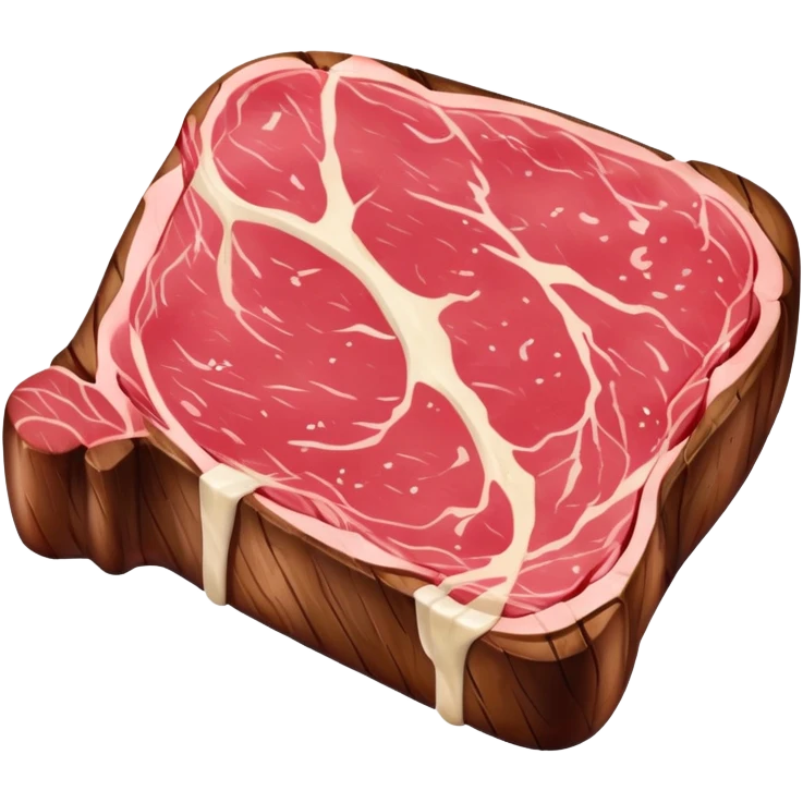 An emoji of a juicy steak or meat piece. Grilled on the outside with visible sear marks, slightly pink in the middle. Shaped like a thick cut of beef, with a small bone or marbled fat for extra detail. Rich red and brown tones to show it's freshly cooked. emoji