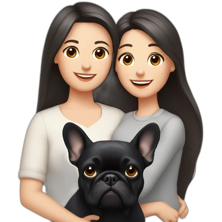 Family-with-father-mum-with-grey-hair-two-brunettes-daughters-with-long-hair-and-just-one-black-French-bulldog emoji
