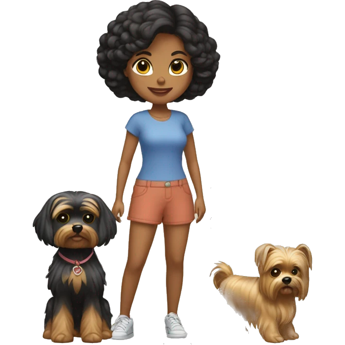 Chica morena paseando con dos yorkshire terrier negros emoji