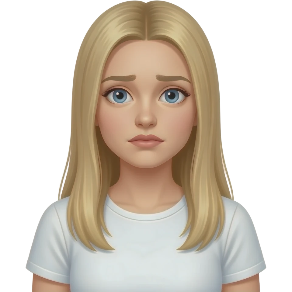 bella ragazza russa bionda capelli lisci lunghi e occhi chiari, con maglietta bianca e imbarazzata forte emoji