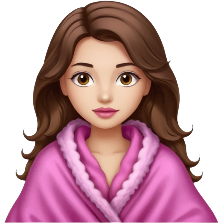 girl with long wavy brown hair, brown eyes, long lashes makeup, sexy pink lips, light to medium complexion, wearing a pink sexy silk top, big blanket over cozy  emoji