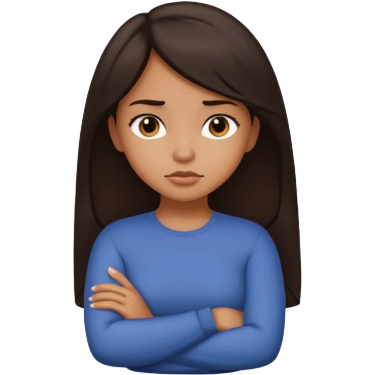 Tan girl dark hair crossing her arms with slight pout emoji