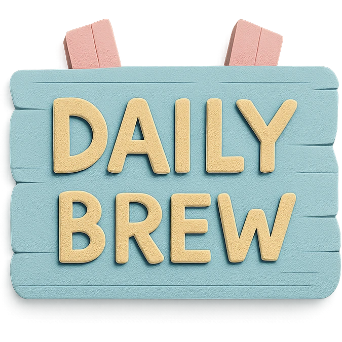 pastel wood signboard with 'Daily Brew' text, hand-drawn style emoji