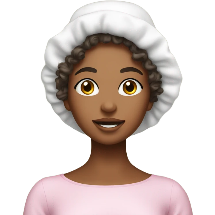 A vanity with a girl with curly hair doing her skincare routine with a bonnet on emoji