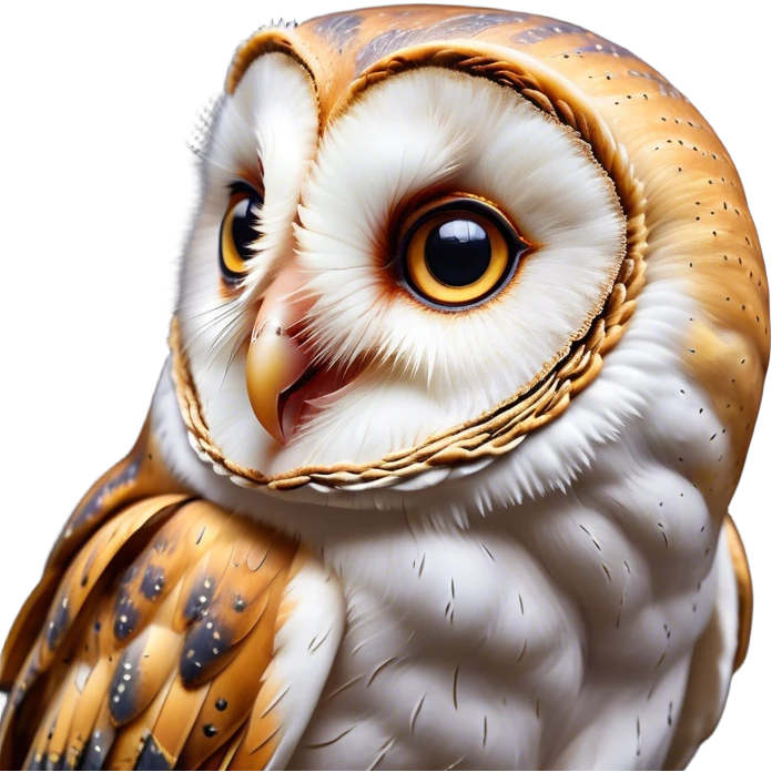 Cinematic Comical Barn Owl Portrait Emoji, Head tilted dramatically with an exaggeratedly amused expression, featuring a striking mottled plumage with bold contrasts, wide, expressive amber eyes filled with playful disbelief, Simplified yet hilariously expressive features, highly detailed, glowing with a slightly sassy glow, high shine, dramatic yet playful, stylized with an air of cheeky nocturnal mischief, bright and endearing, soft glowing outline, capturing the essence of a spirited and over-the-top owl, so meme-worthy it feels like it could hoot its way into internet fame instantly! emoji