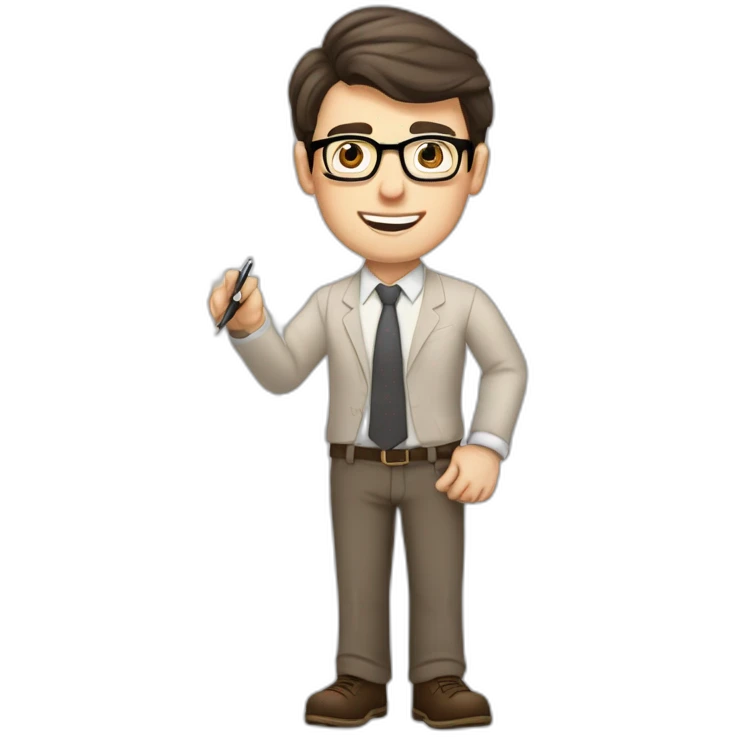Pale skinned fit man with dark brown hair in gray jacket, beige office shirt, brown tie, brown pants and vintage glasses Writing text on the flipchart emoji