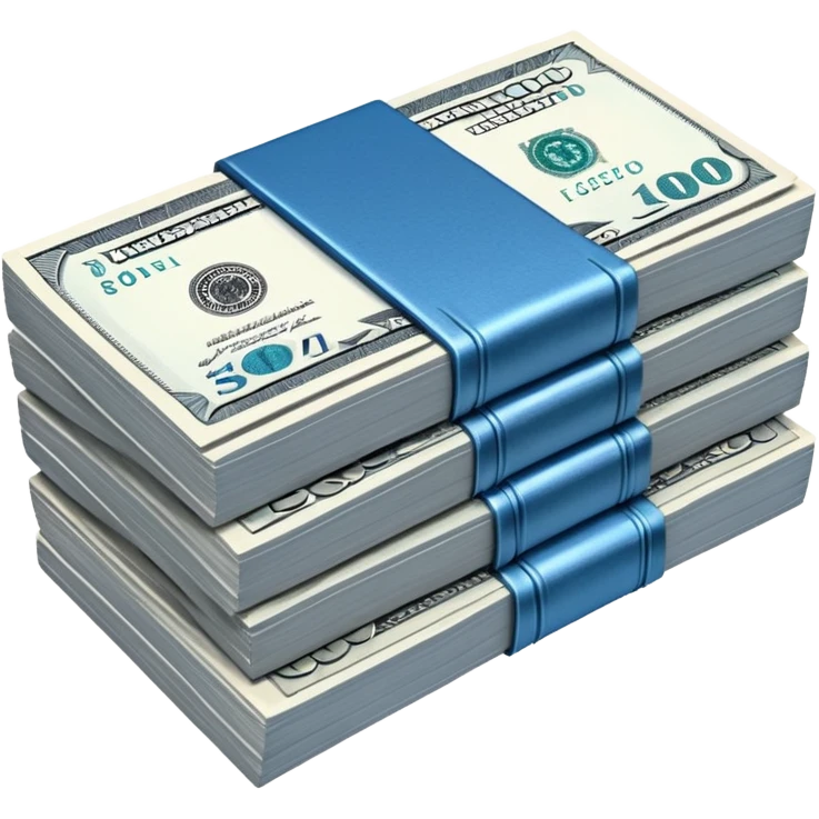 a neat bound stack of blue-and-white banknotes, koan bills , 90s futuristic, the band is dark gray emoji