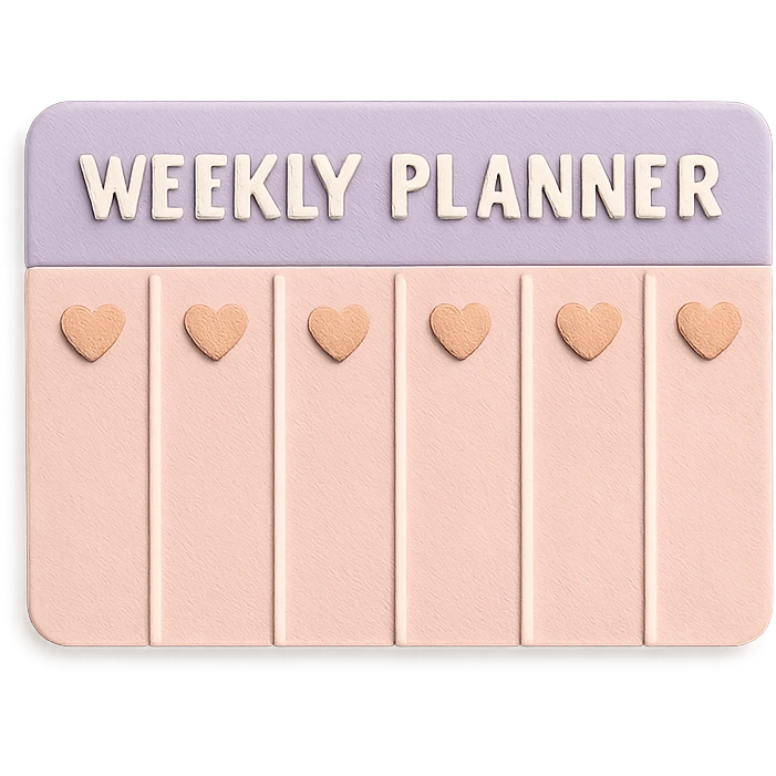 soft pastel kawaii weekly planner box with tiny heart icons emoji