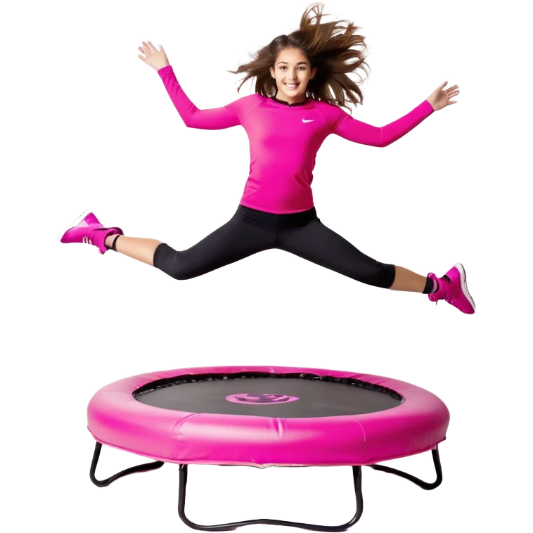 Mujer joven con cola alta y pelo marrón, saltando sobre un mini trampolín negro con bordes neón. Lleva top fucsia, calzas negras y zapatillas blancas. Brazos abiertos, rodillas flexionadas y expresión alegre, en pleno salto con líneas de movimiento.
 emoji