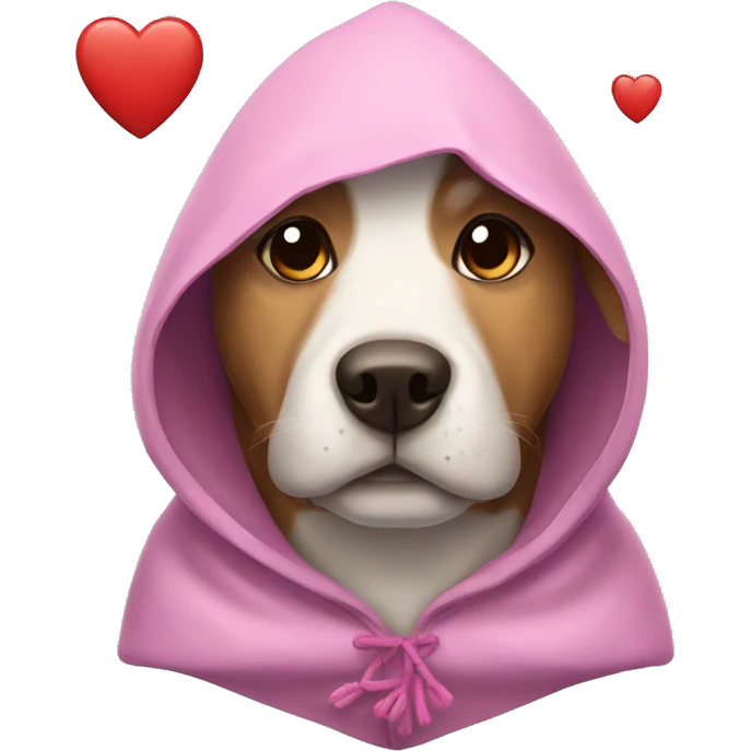 Dog wearing hooding with hearts emoji
