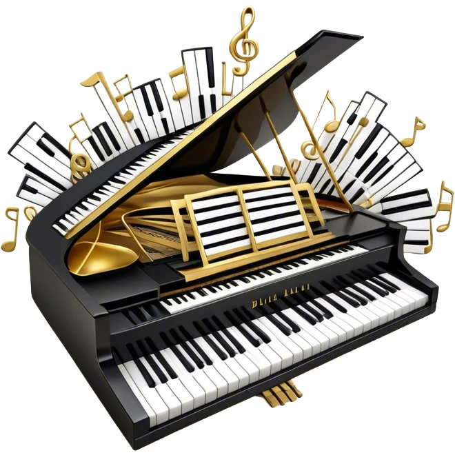 Create a detailed and elegant emoji collage representing keyboard instruments in a celebratory and professional style, reminiscent of a coat of arms. The design should feature a central arrangement of black and white piano keys, forming a symmetrical, powerful image. Around the keys, include a flowing ribbon of musical notes that intertwines with the keys, creating a sense of movement and harmony. Use gold and silver accents to highlight the keys and musical notes, giving the design a festive, high-quality appearance. The design should convey professionalism, elegance, and a sense of occasion. Add subtle reflections on the piano keys to enhance the polished look. The background should be transparent. emoji