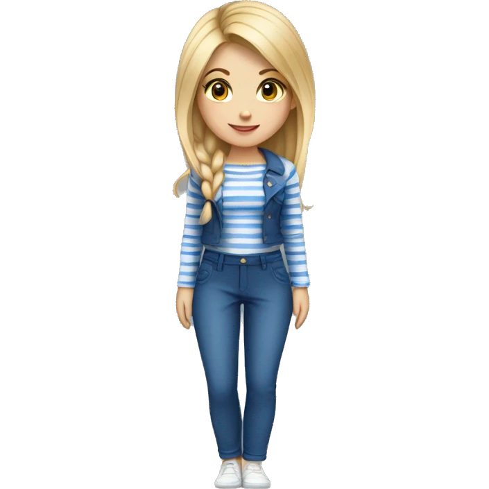 A beautiful blonde girl dressed with a short on White and blue stripes, trousers dark blue emoji