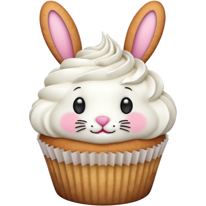 cupcake with frosting decorated to look like a bunny face emoji