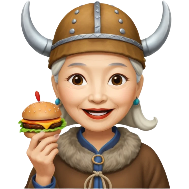 old asian woman viking eating burger emoji