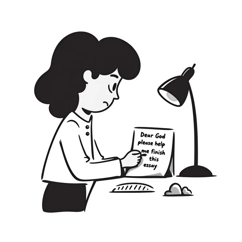 Stressed student writing an essay that begins with "Dear God, please help me finish this essay" in sketchy handwriting emoji