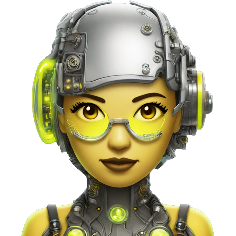 Neon yellow bobbed hair Asian female cyborg head with silver steampunk goggles and circuits emoji