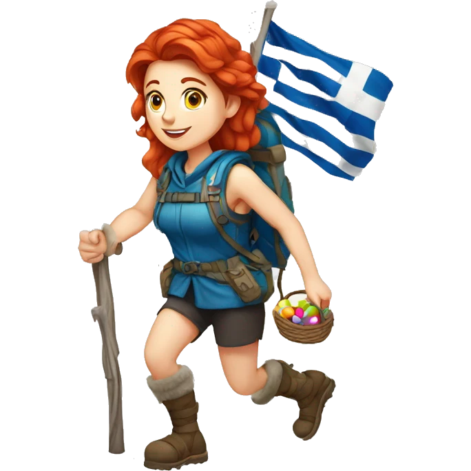 Greek Female winter mountaineer red hair white skin climbing with Greek Flag and Easter eggs basket emoji