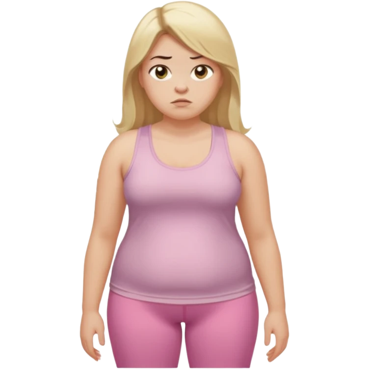 Create a young woman with long blonde hair, golden eyes, and medium-light skin tone, wearing a light pink tank top and leggings. but she is overweight  She should be in portrait mode, but with a subtle doubting facial expression—slightly raised eyebrow, small frown, emoji