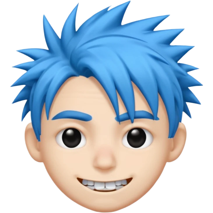 2D de gorillaz como emoji,cabelo azul bagunçado espetado ,olho totalmente branco e espaço grande entre os dentes ,com nariz e sobrancelha preta grossa emoji