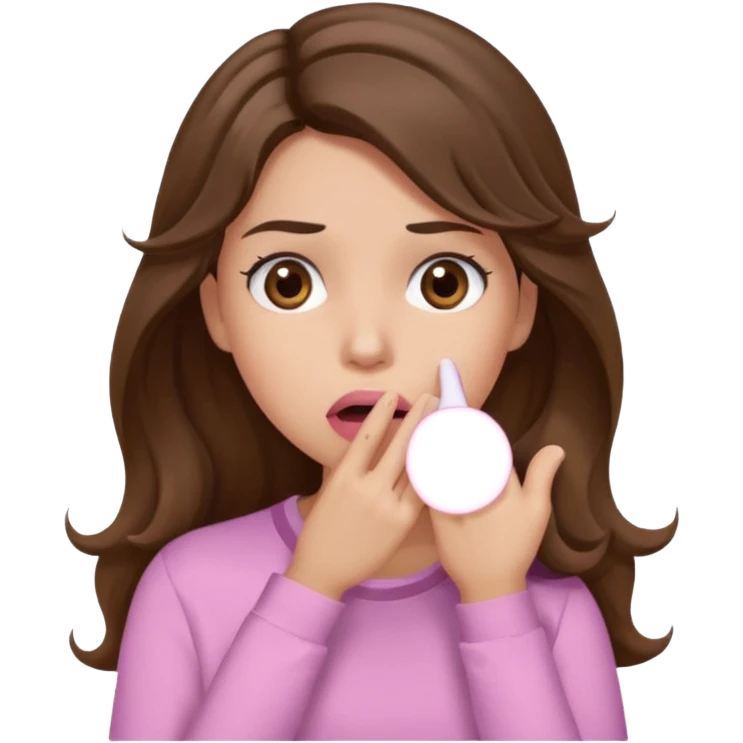 girl with wavy long brown hair, brown eyes, light to medium complexion, long lashes, light pink lipstick, wearing light pink shirt, shocked, hand covering mouth emoji