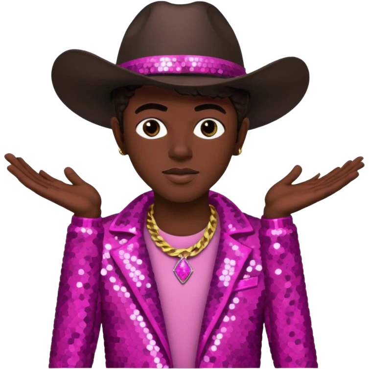 Lil Nas X with dark brown hair, dark pink sequin outfit emoji