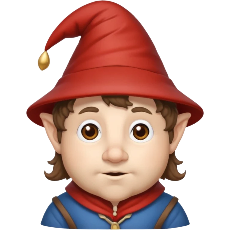 Gnomo con capelli ricci corti marroni, occhi marroni e cappello a punta emoji