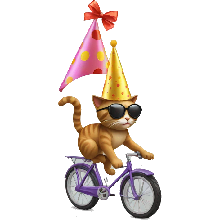cat riding a bike wearing sunglasses and a birthday hat emoji