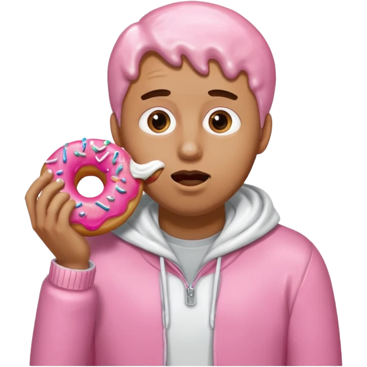 A man eating a pink donut spilling white icing down his face and clothes emoji