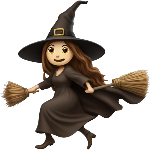brown very long hair witch flying on a broom european white skin, lean attrative body small feet emoji