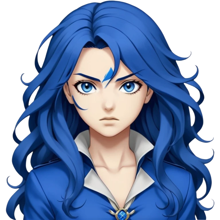 head portrait of anime girl with long dark blue hair, blue rose in hair, fierce blue eyes, extremely intense JoJo's Bizarre Adventure style expression, dramatic angle, bold outlines, strong shading emoji