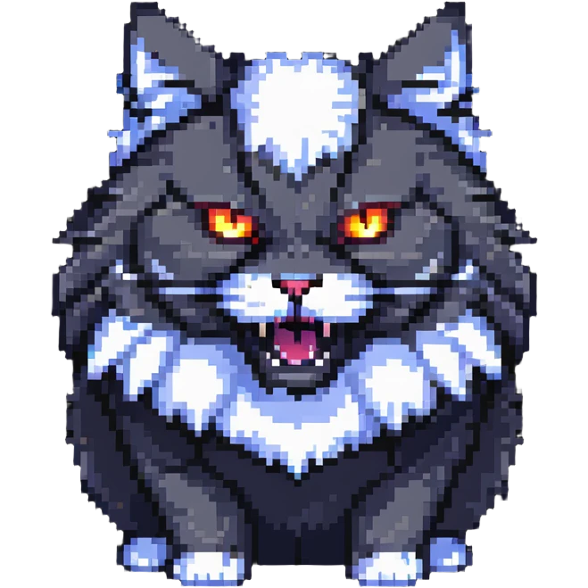 fierce fluffy cat with glowing eyes and snarl emoji