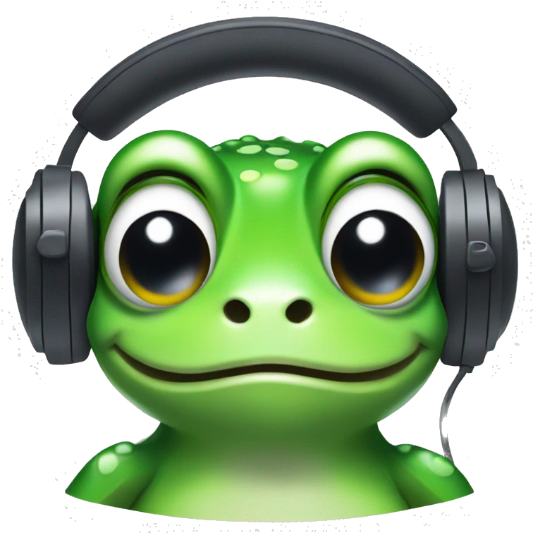 pixel green frog face with white eyes and smile with headphones on her head emoji