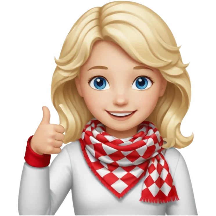 Blonde Girl, Blue Eyes, wavy hair, smiling, thumbs up, wearing red Checkered Triangle scarf, white dress emoji