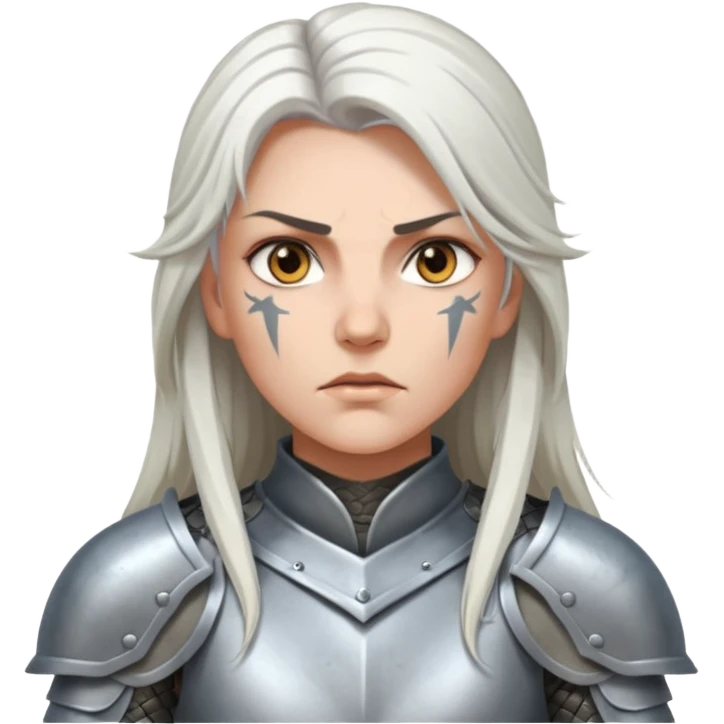 White Long Haired Women, Warrior woman — silver armor, piercing gaze emoji